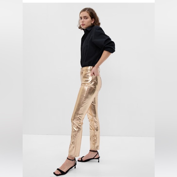 GAP High Rise Vegan Leather Metallic Champagne Gold Slim Jeans Women’s Size 31 - Picture 2 of 15
